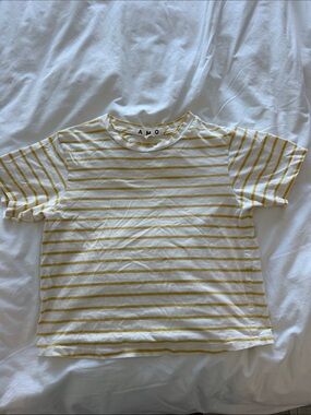 AMO White and Yellow Striped Short Sleeve Tee